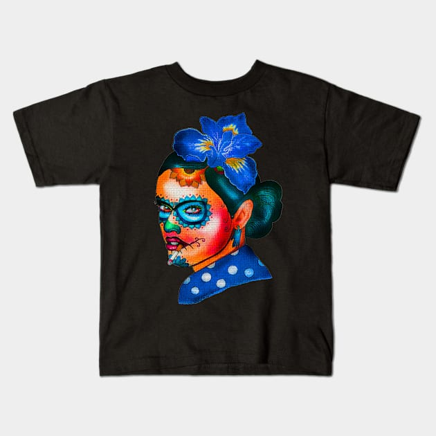 Dia De Los Muertos Skull Girl with Roses Kids T-Shirt by Rablo
